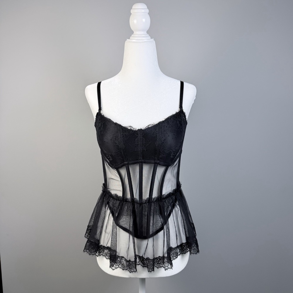 Victoria's Secret Very Sexy Sheer Rose Lace-Trim Flounce Black Corset Top M NWT
